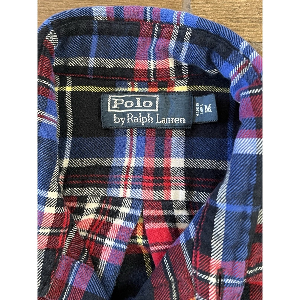 Polo Ralph Lauren Mens Medium Red Blue Plaid Long Sleeve Flannel Button Up Shirt - Picture 5 of 6